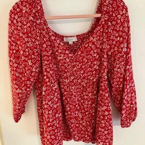 LOFT Red and White Heart Pattern Blouse